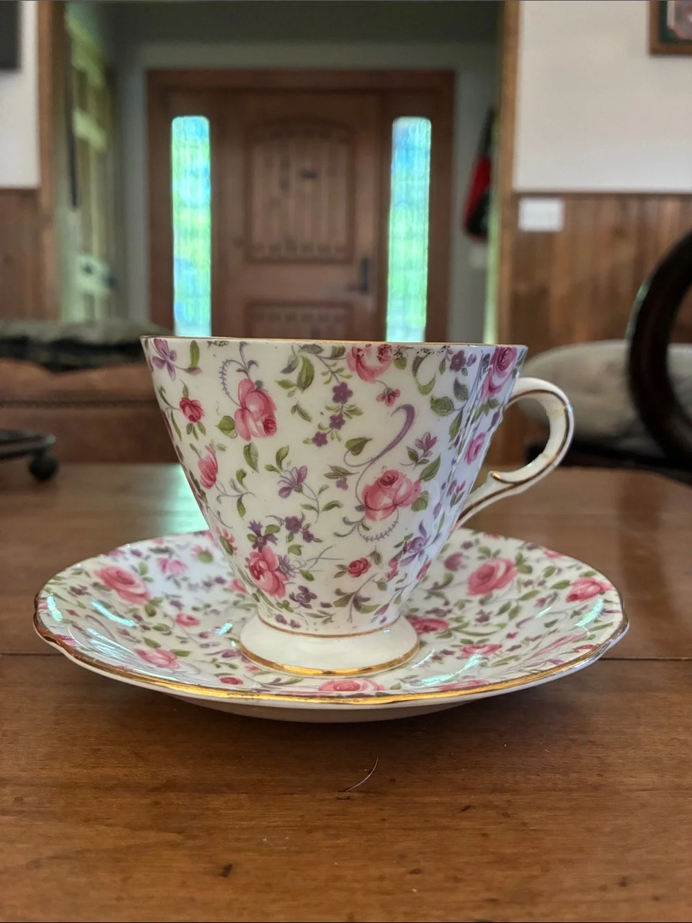 Vintage Rosina Fine Bone China Rose Chinzt Teacup and Saucer.